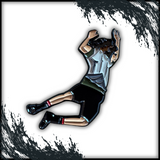 A detailed enamel pin depicting a 90s grunge rocker figure in motion, falling or stage diving, with arms raised above their head. The figure wears a gray shirt, black shorts, and dark sneakers, set against a white background with black splatter-like accents framing the design. The pin has a bold, dynamic style reminiscent of action and movement.