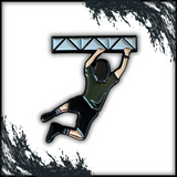 An enamel pin featuring a 90s grunge singer figure hanging from a metal truss structure with both hands. The person is wearing a green shirt, black shorts, and striped socks, with their legs bent as if mid-swing. The pin is set against a white background with bold black splatter accents framing the image, giving it a sense of action and movement.